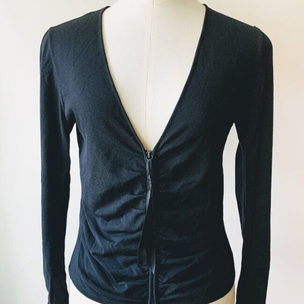 VALENTINO Drape Cardigan Sweater Black Wool Knit Zip Front Super Chic XL